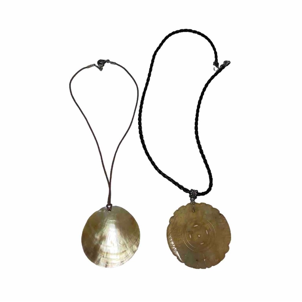 Bundle of 2 Vintage Bohemian Jade & Shell Medallion Necklaces